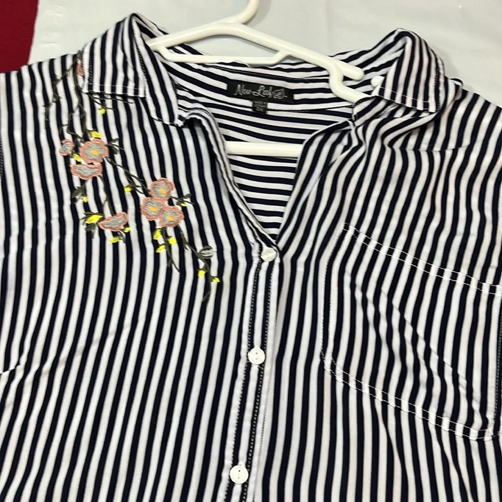 New leaf black vertical striped rayon BLOUSE pink blue floral embroidery 2XL XXL - Picture 6 of 14